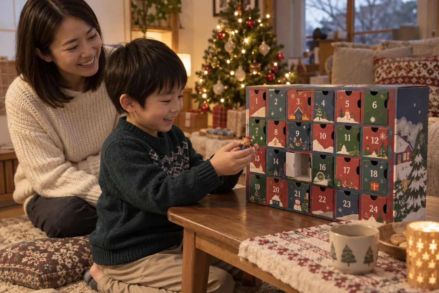 クリスマスツリーのあるリビングで、子どもが数字の書かれたアドベントカレンダーの扉を開けて小さなおもちゃを取り出し、親が見守っているイメージ(AI生成)
