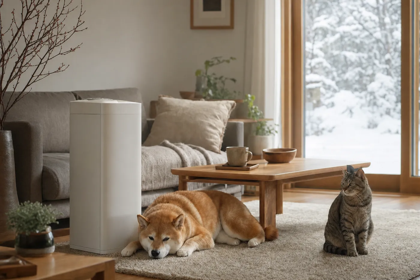 冬のリビングで、白いタワー型の加湿空気清浄機のそばに柴犬が寝そべり、猫が座っているイメージ(AI生成)