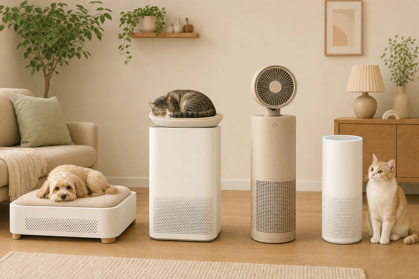 リビングに、犬が寝るベッド型、猫が上で眠るタワー型、上にサーキュレーターが付いた円筒型、上部が光る細い円筒型の4種類の空気清浄機が並んでいるイラスト