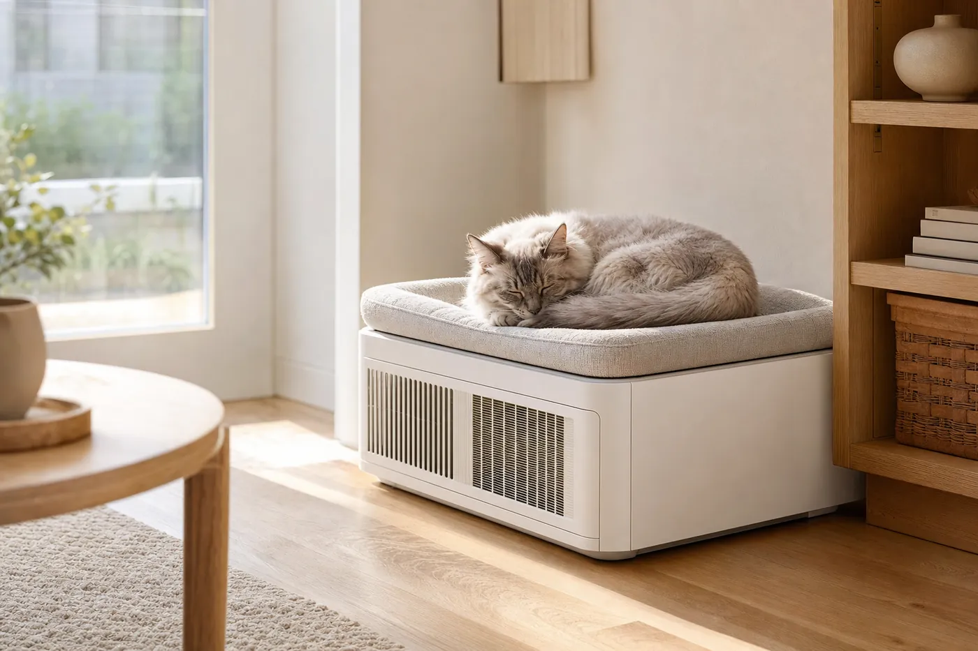 リビングでペットベッド一体型の空気清浄機の上に猫が丸くなって眠っているイメージ(AI生成)