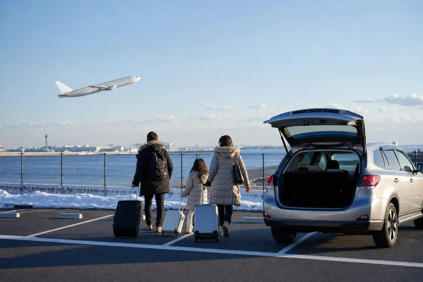 冬の晴れた朝、海沿いの屋外駐車場で、トランクを開けた銀色の車の横から、家族3人がスーツケースを引いて歩き出している。空には離陸したばかりの白い飛行機が飛んでいる写真風のイメージ(AI生成)
