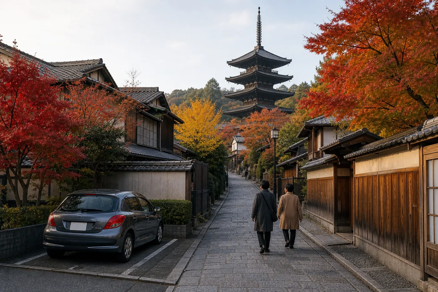 紅葉に色づいた木々と瓦屋根の家が並ぶ石畳の路地の先に五重塔が見え、上着を着た2人が路地を歩いている。手前の住宅の駐車スペースには灰色の車が停まっている写真風のイメージ（AI生成）