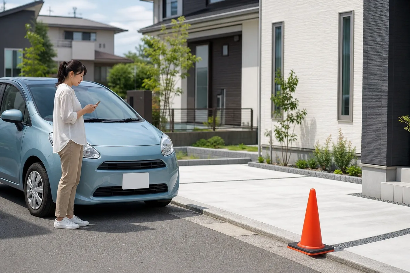 明るい住宅街で、オレンジのコーンが置かれた空いている駐車スペースの手前に水色の車が止まり、女性がスマートフォンを見ている写真風のイメージ(AI生成)