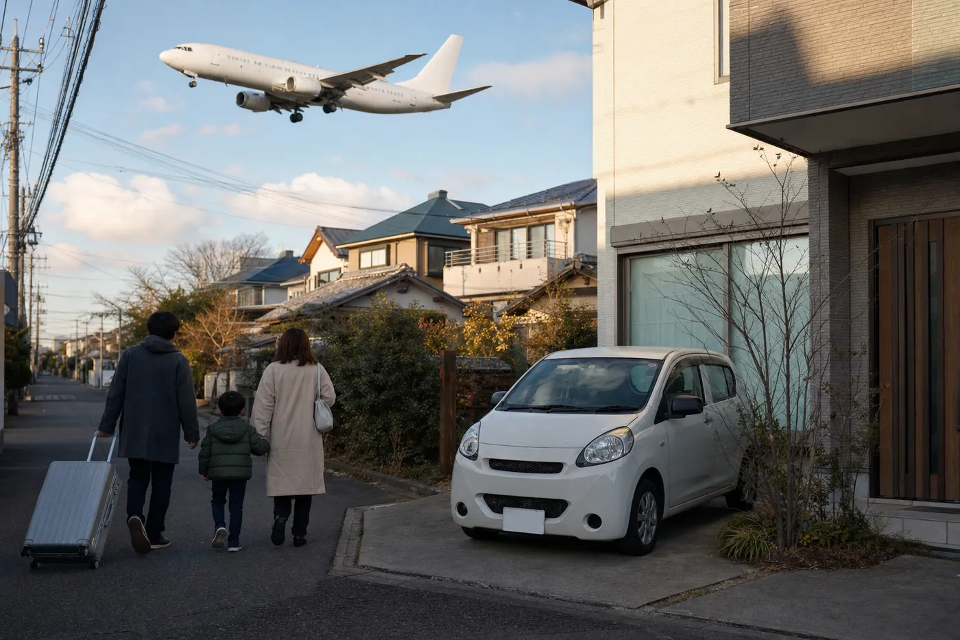 冬の夕方、空港に近い住宅街で、家の前の駐車スペースに白い小型車が停まり、スーツケースを引いた家族3人が道を歩いている。空には着陸に向かう白い飛行機が低く飛んでいる写真風のイメージ（AI生成）