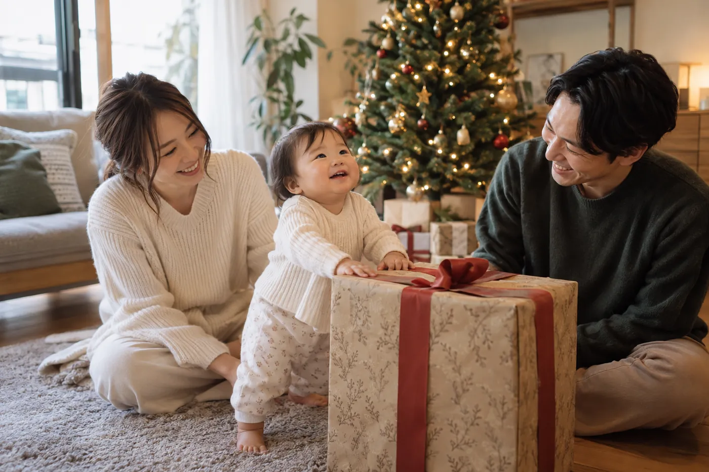 クリスマスの朝、1歳くらいの子が大きなプレゼントの箱につかまって立ち、両親が見守っているイメージ(AI生成)