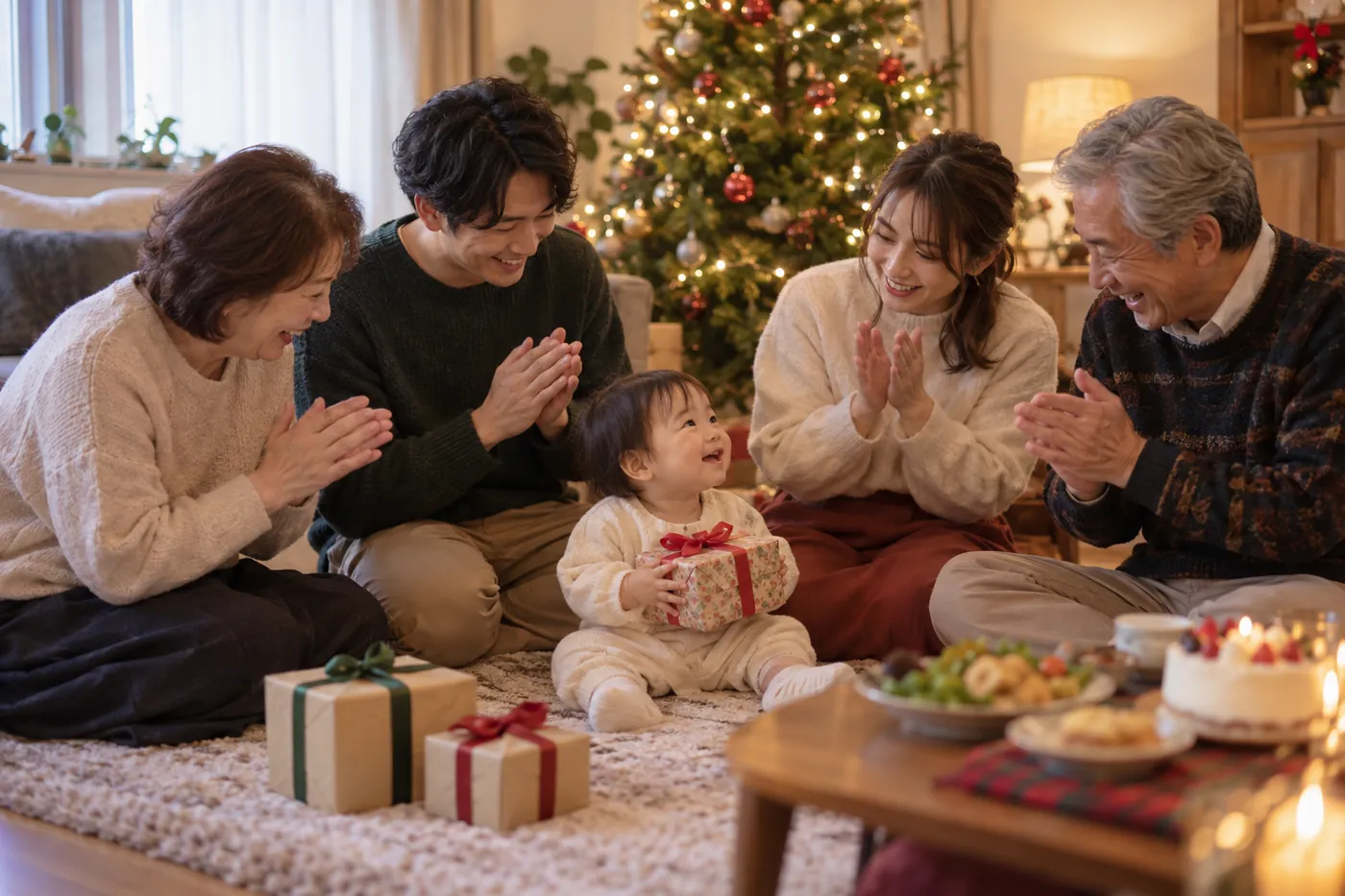 クリスマスパーティーで、祖父母と両親に囲まれた1歳くらいの子がプレゼントを手にしているイメージ(AI生成)
