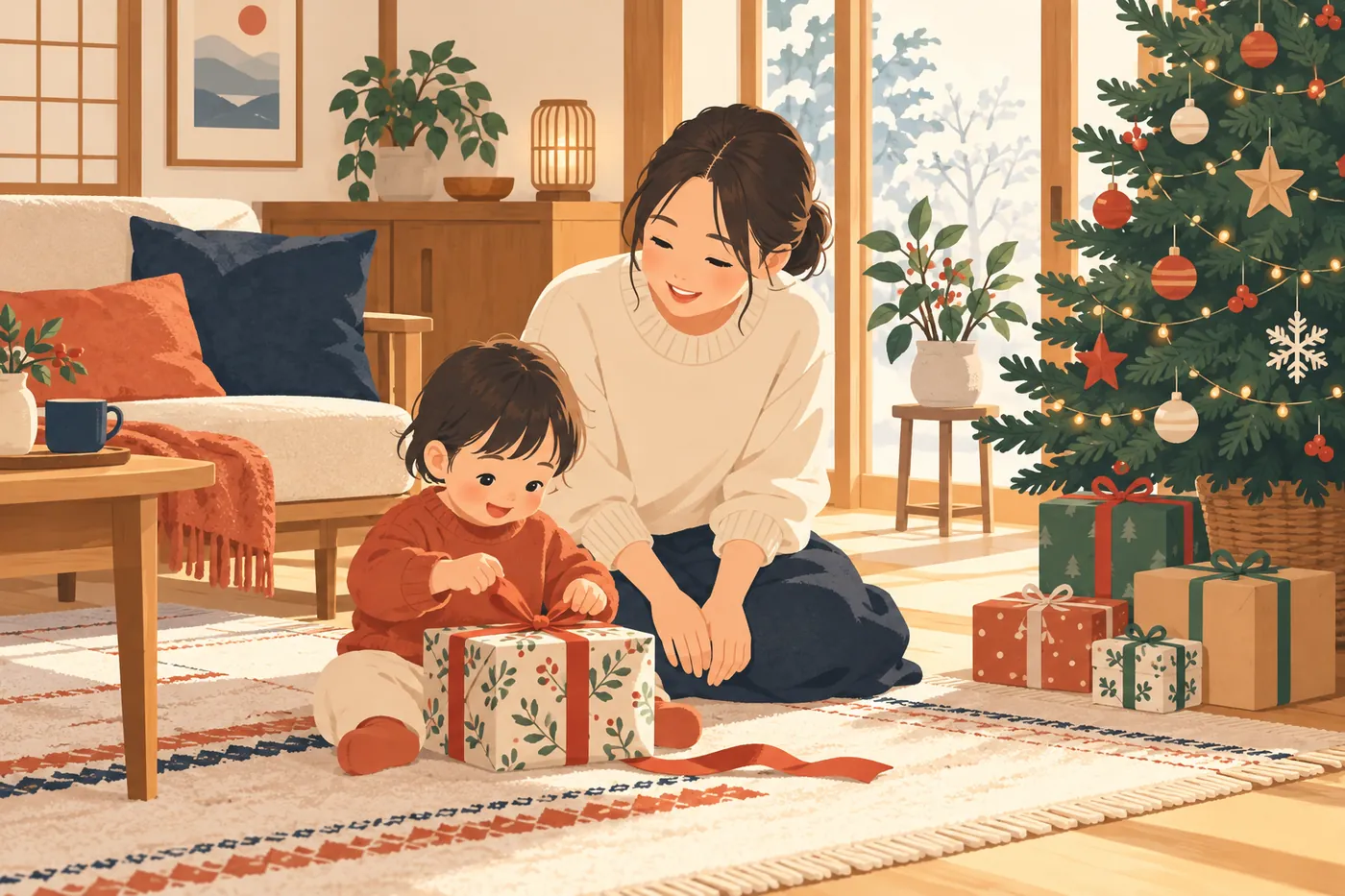 クリスマスの朝のリビングで、小さな子どもがツリーのそばでプレゼントのリボンをほどき、親がそばで見守っているイメージ（AI生成）