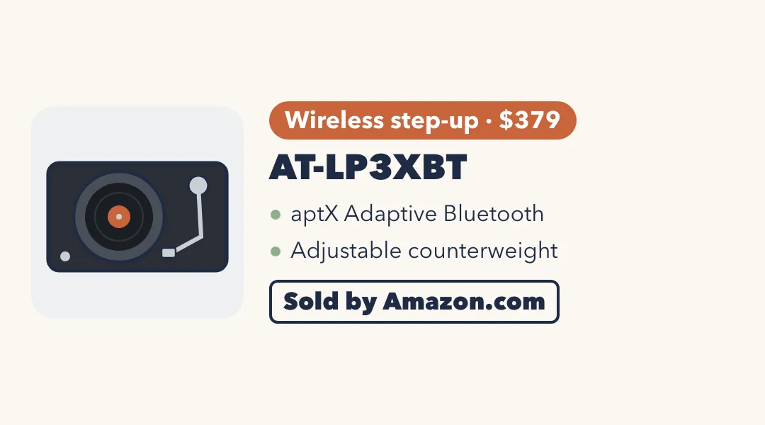 Drawing of a black turntable. AT-LP3XBT: wireless step-up, $379; aptX Adaptive Bluetooth; adjustable counterweight. Sold by Amazon.com.