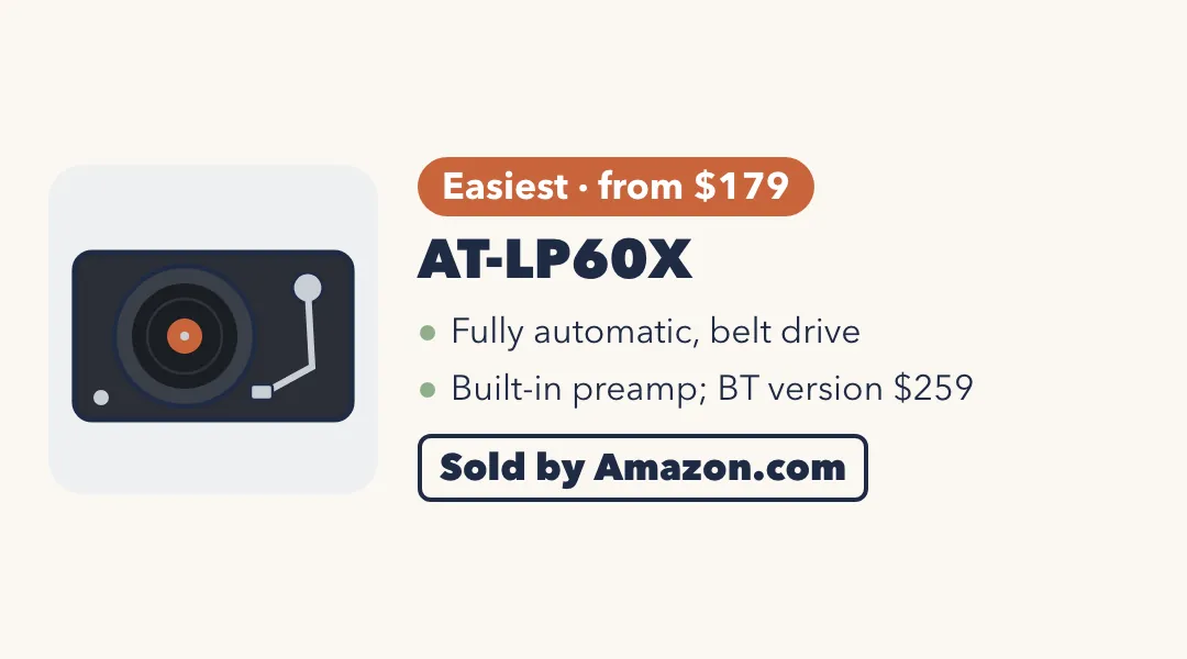 Drawing of a black turntable. AT-LP60X: easiest, from $179; fully automatic, belt drive; built-in preamp; Bluetooth version $259. Sold by Amazon.com.