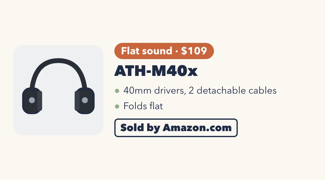 Drawing of black over-ear headphones. ATH-M40x: flat sound, $109; 40mm drivers, 2 detachable cables; folds flat. Sold by Amazon.com.