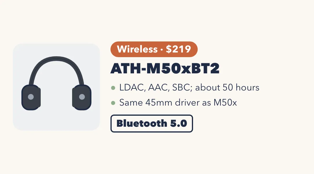 Drawing of dark over-ear headphones. ATH-M50xBT2: wireless, $219; LDAC, AAC and SBC, about 50 hours; same 45mm driver as M50x. Bluetooth 5.0.