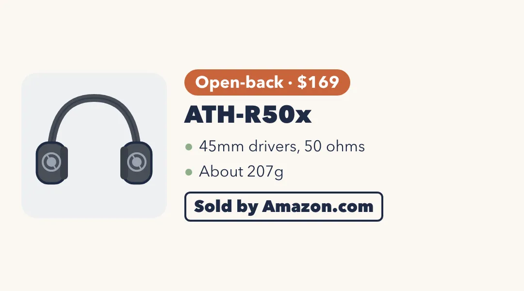 Drawing of gray open-back headphones with grilles. ATH-R50x: open-back, $169; 45mm drivers, 50 ohms; about 207g. Sold by Amazon.com.