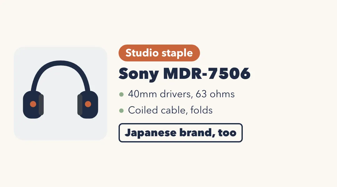 Drawing of navy over-ear headphones with orange accents. Sony MDR-7506: studio staple; 40mm drivers, 63 ohms; coiled cable, folds. Japanese brand, too.