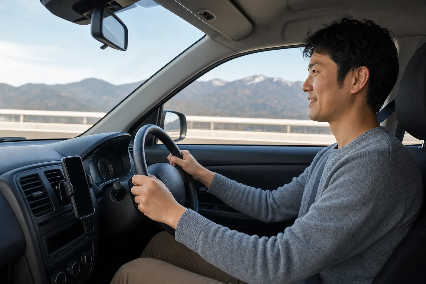 冬の晴れた日に高速道路を走る車の運転席で、シートベルトを締めた男性が両手でハンドルを握り、前を見ながら笑みを浮かべている写真風のイメージ（AI生成）