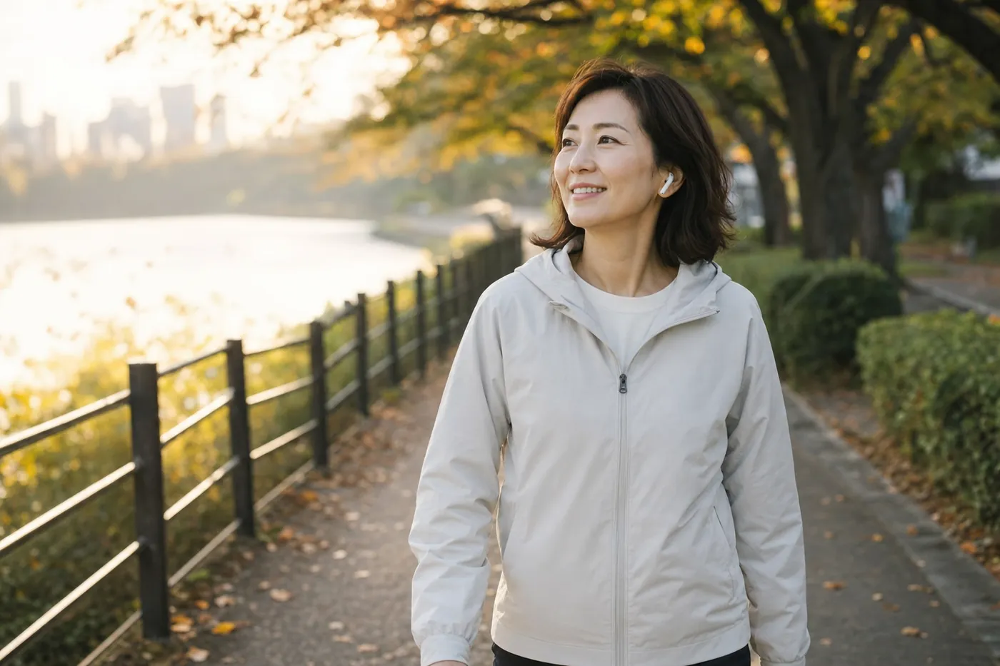 秋の朝、川沿いの遊歩道をワイヤレスイヤホンをつけて歩きながら、物語に聴き入って笑みを浮かべている女性の写真風のイメージ(AI生成)