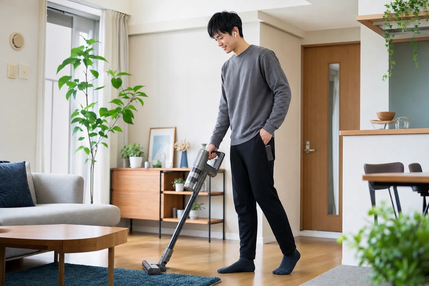 明るいリビングで、ワイヤレスイヤホンをつけてコードレス掃除機をかけながら、楽しそうに何かを聴いている人の写真風のイメージ(AI生成)