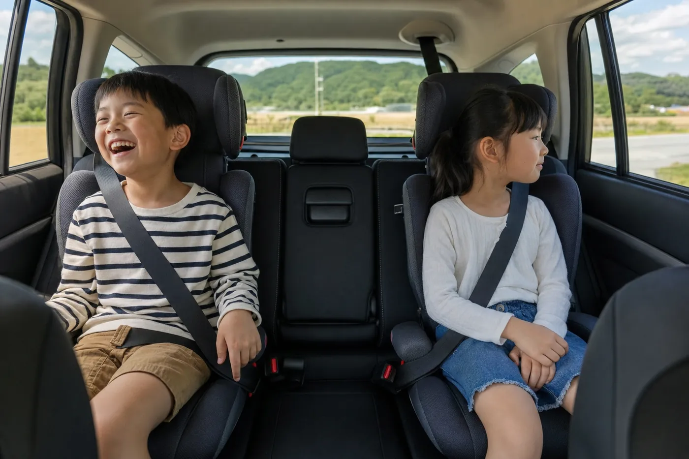 車の後部座席で、ジュニアシートに座った2人の子どもが、車のスピーカーから流れる物語を聴いて笑ったり、窓の外を見たりしている写真風のイメージ(AI生成)