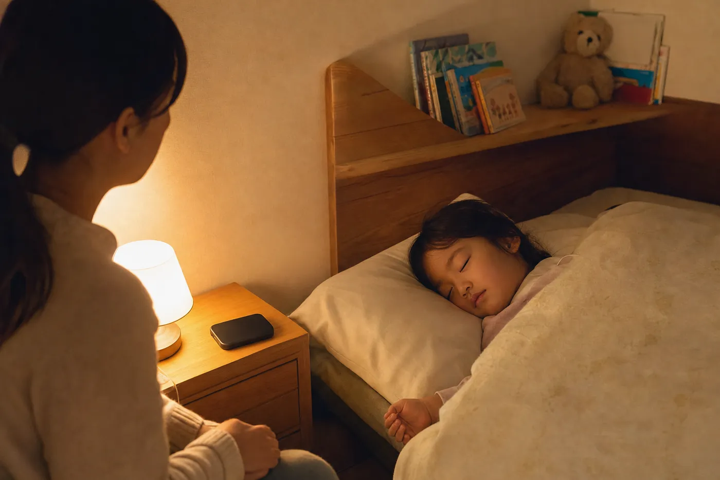 夜の子ども部屋で、ベッドで眠る子どものそばに親が座り、ナイトテーブルの上でスマホが画面を伏せて置かれている写真風のイメージ(AI生成)