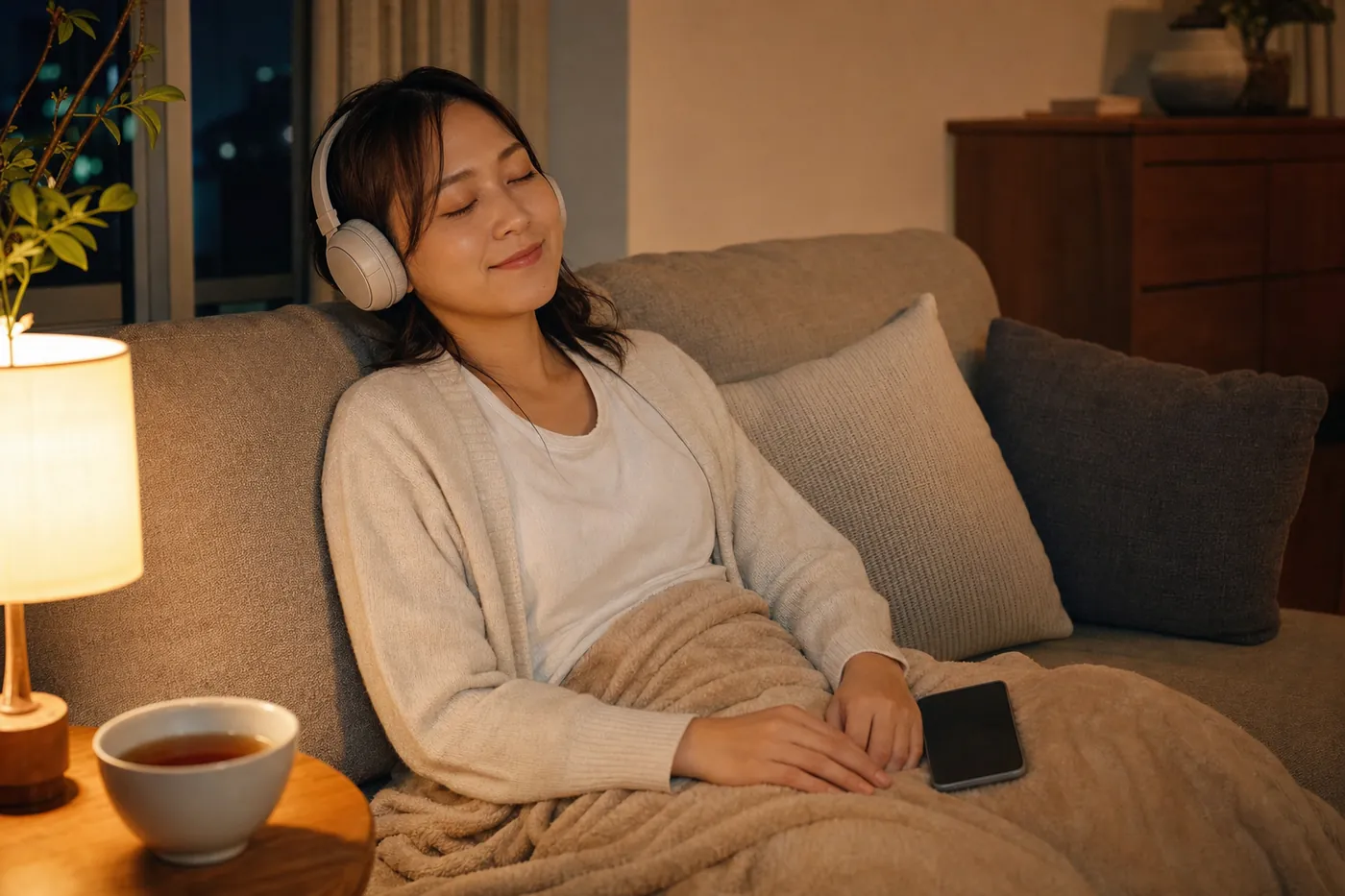 夜のリビングのソファで、ヘッドホンをつけた女性が目を閉じ、穏やかな笑みを浮かべて朗読を聴いている写真風のイメージ(AI生成)