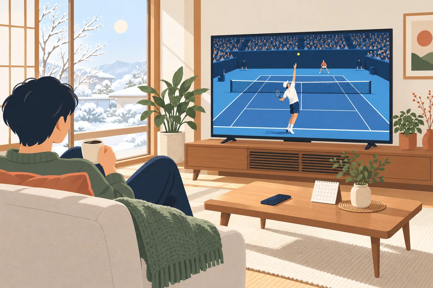 雪の積もった冬の朝、リビングのソファでコーヒーを手に、テレビに映る青いハードコートのテニスの試合を見ているイメージ（AI生成）