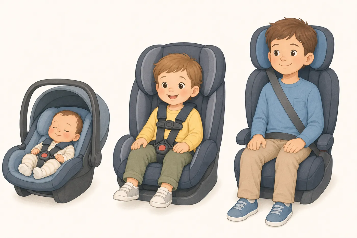 後ろ向きのシートに乗る赤ちゃん、5点式ベルトの前向きシートに乗る幼児、車のシートベルトを使うブースターシートに座る小学生の3人を並べたイラスト（AI生成）