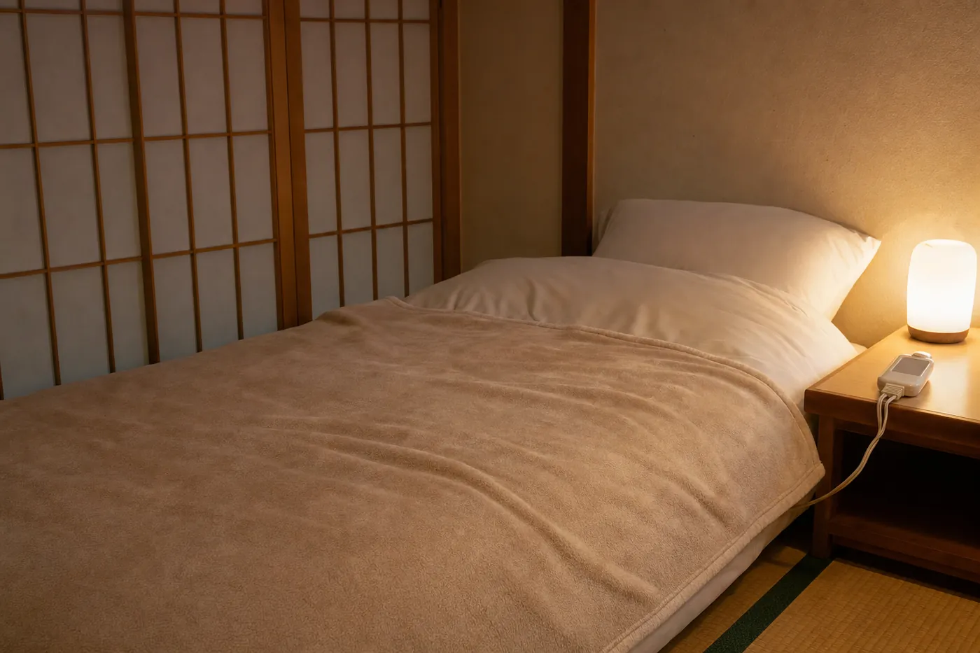 夜の和室の寝室で、掛け布団の上にベージュの電気毛布を広げ、枕元に小さなコントローラーとランプがある写真風のイメージ（AI生成）