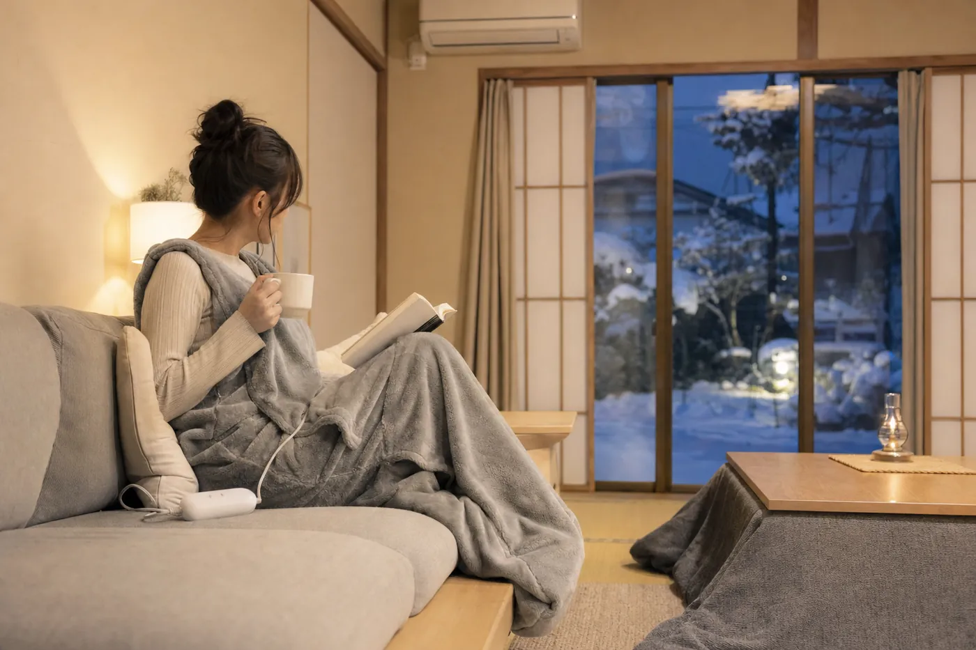 冬の夜、ソファで着る毛布にくるまってお茶を飲みながら本を読む女性と、壁のエアコンが写る和室の写真風のイメージ（AI生成）