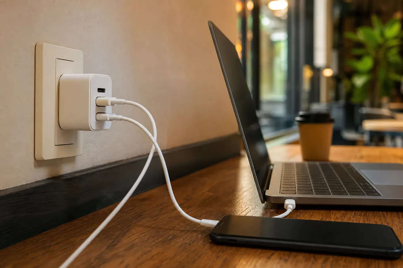 壁のコンセントに差した小型の充電器から、机の上のノートPCとスマートフォンを同時に充電している写真風のイメージ（AI生成）