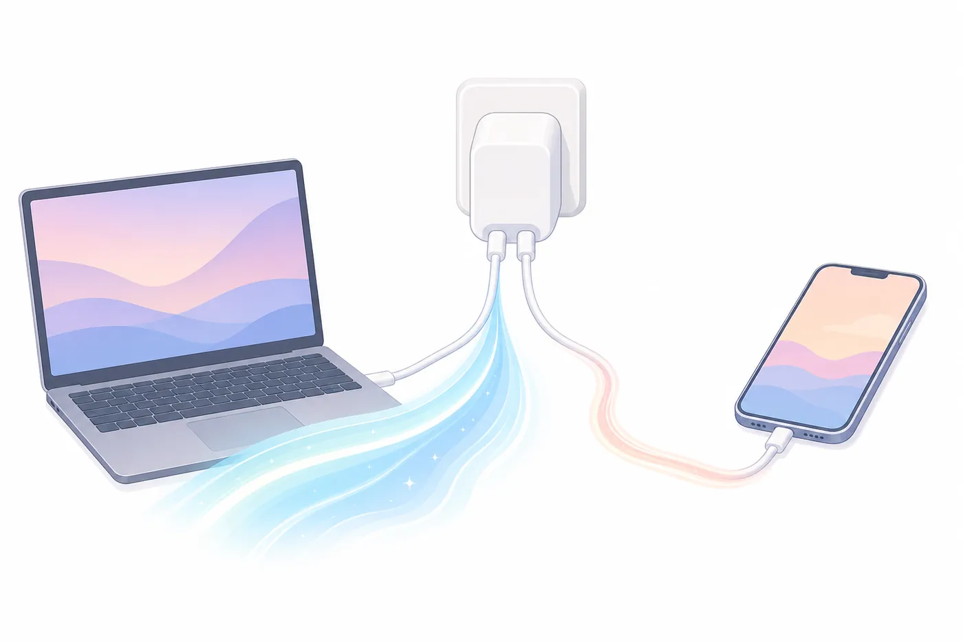 1つの充電器からノートPCとスマートフォンに電気が分かれて流れ、PC側の流れが太く描かれたイラスト（AI生成）