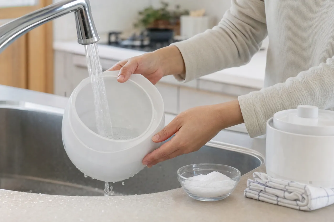 キッチンのシンクで白い加湿器の容器をすすぎ、横にクエン酸の入った小皿とふきんがある写真風のイメージ(AI生成)