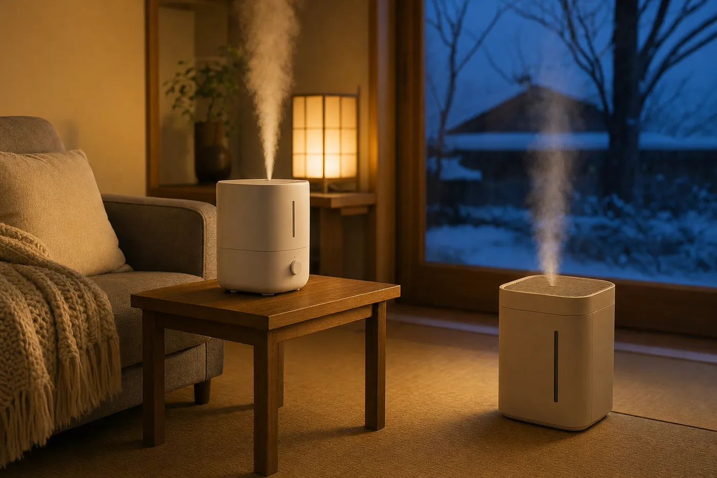 冬の夕方のリビングで、サイドテーブルの白い加湿器と床の加湿器から湯気が上がっている写真風のイメージ(AI生成)