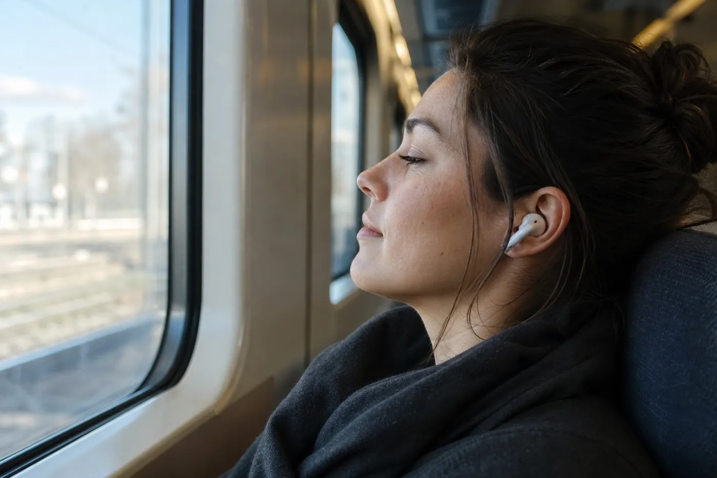 朝の電車の窓ぎわで、白いワイヤレスイヤホンを着けて目を閉じている人の写真風のイメージ(AI生成)