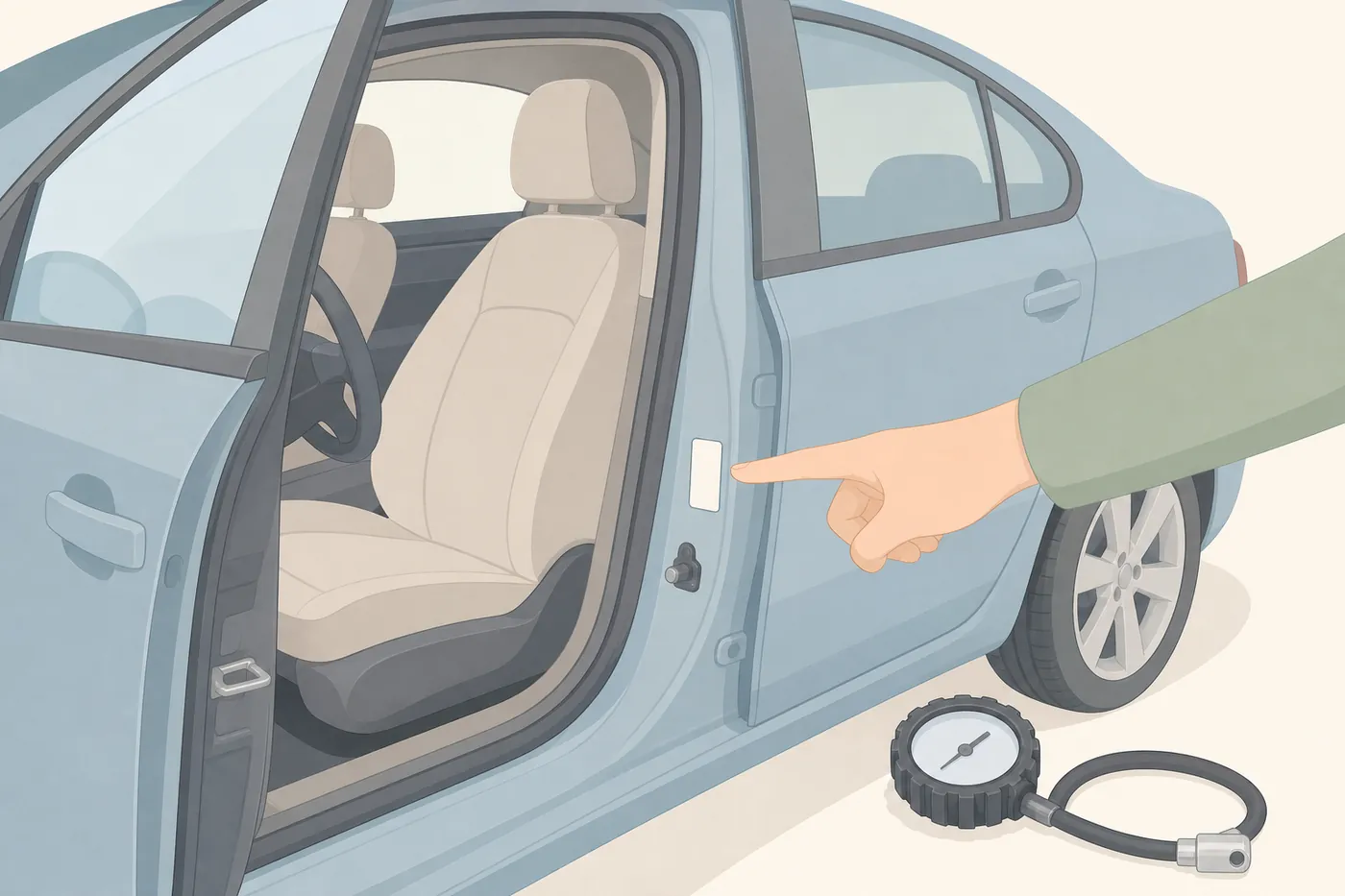 開けた運転席ドアの柱に貼られたラベルを指さす手と、足元に置いたタイヤゲージのイラスト(AI生成)