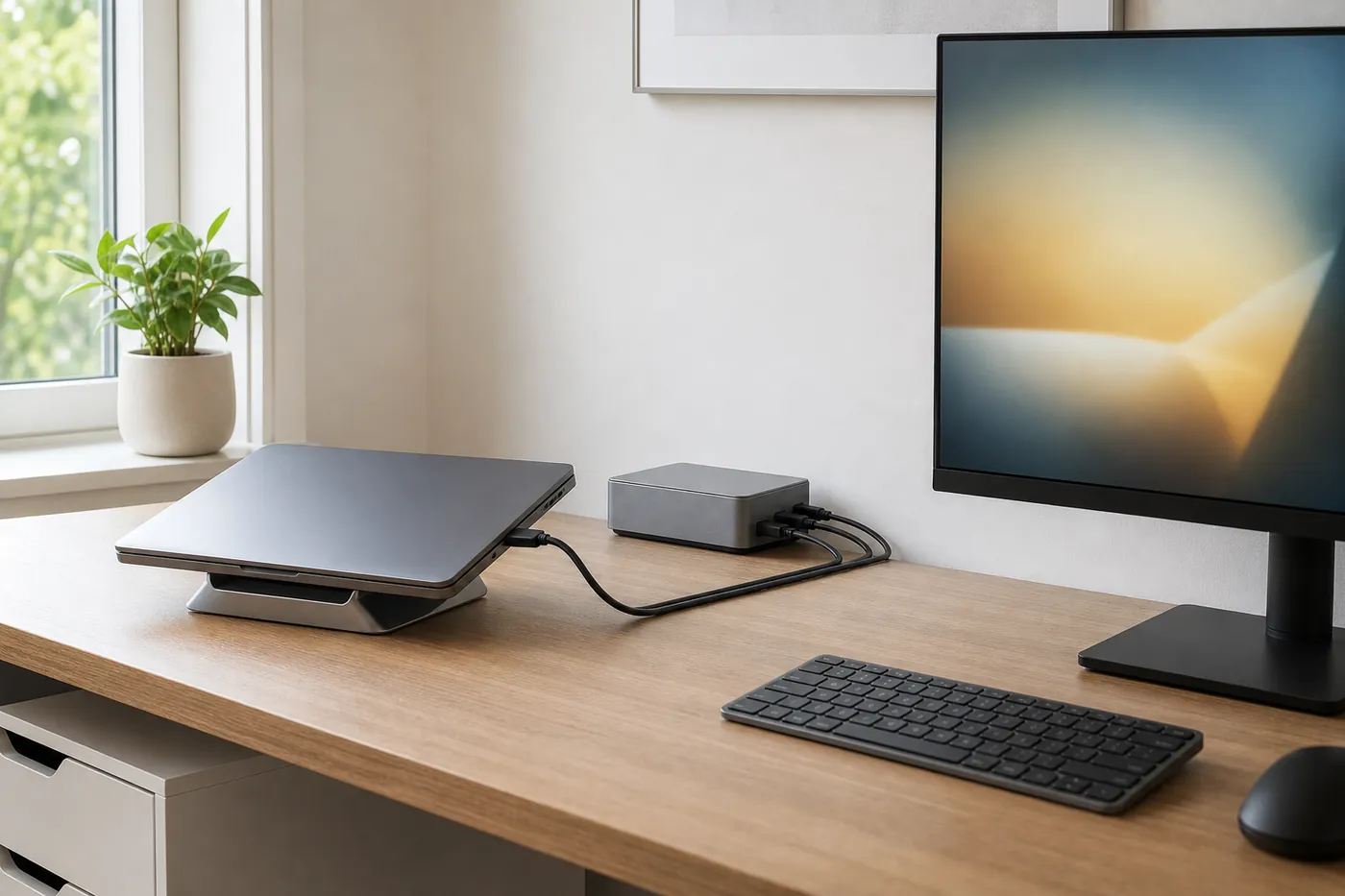 すっきりした在宅ワークの机で、スタンドに置いたノートPCが1本のケーブルで小さなドッキングステーションにつながっている写真風のイメージ（AI生成）