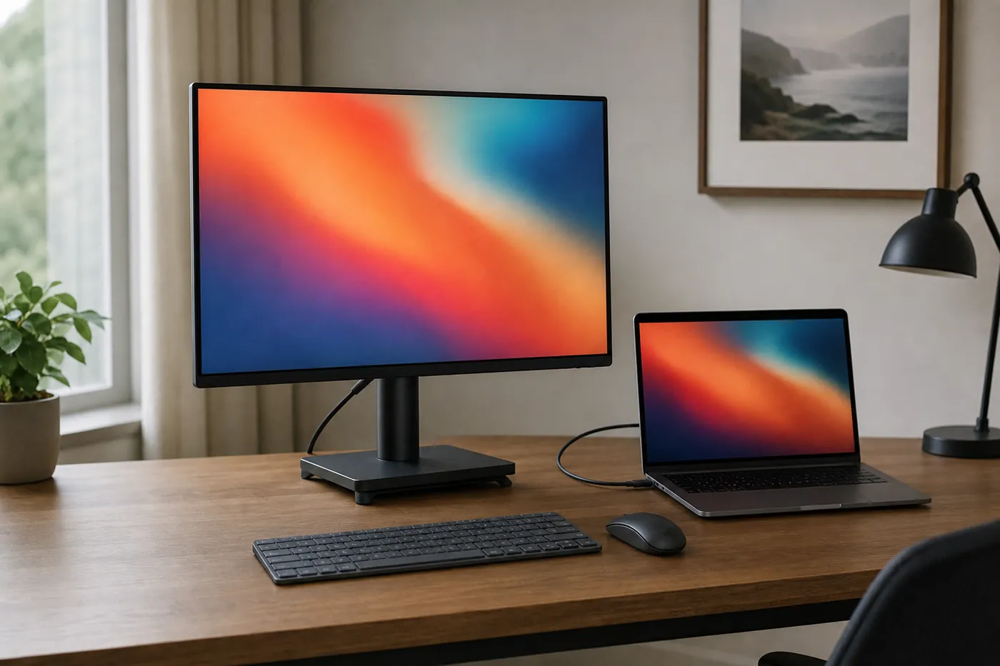 木のデスクに27インチのモニターとノートPCが置かれ、1本のケーブルでつながっている写真風のイメージ（AI生成）