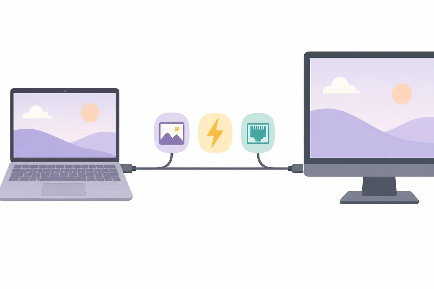ノートPCとモニターを1本のケーブルでつなぎ、映像・電源・通信のアイコンがケーブルの上に並んでいるイラスト（AI生成）