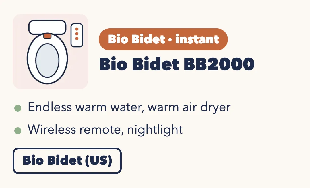 Drawing of a white bidet seat with a separate wireless remote. Bio Bidet BB2000, instant: endless warm water and warm air dryer; wireless remote and nightlight. Bio Bidet (US).