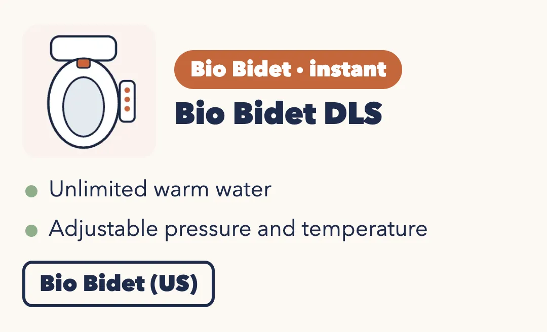 Drawing of a white bidet seat with a side control panel. Bio Bidet DLS, instant: unlimited warm water; adjustable pressure and temperature. Bio Bidet (US).
