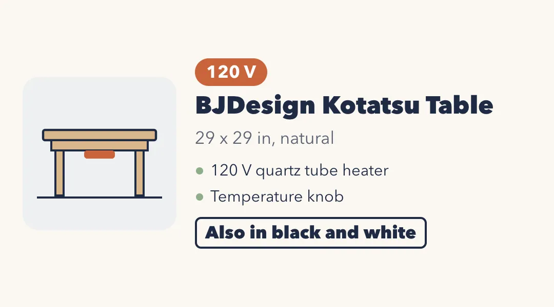 Drawing of a natural wood square kotatsu table with a heater under the frame. BJDesign Kotatsu Table, 120 V, 29 by 29 inches, natural. 120 V quartz tube heater with a temperature knob. Also in black and white.