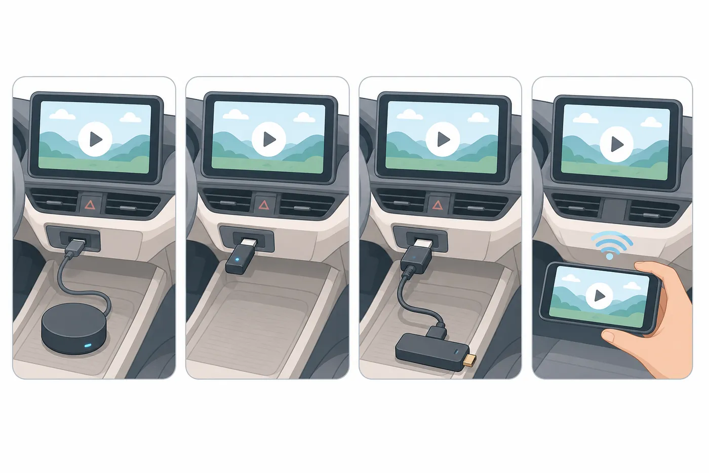 4コマのイラスト。車の USB に、丸い小型の機器、USB メモリのような小さなアダプター、テレビ用スティックをつないだアダプター、ナビに画面を飛ばすスマホがそれぞれつながり、ナビに再生ボタンが映っている