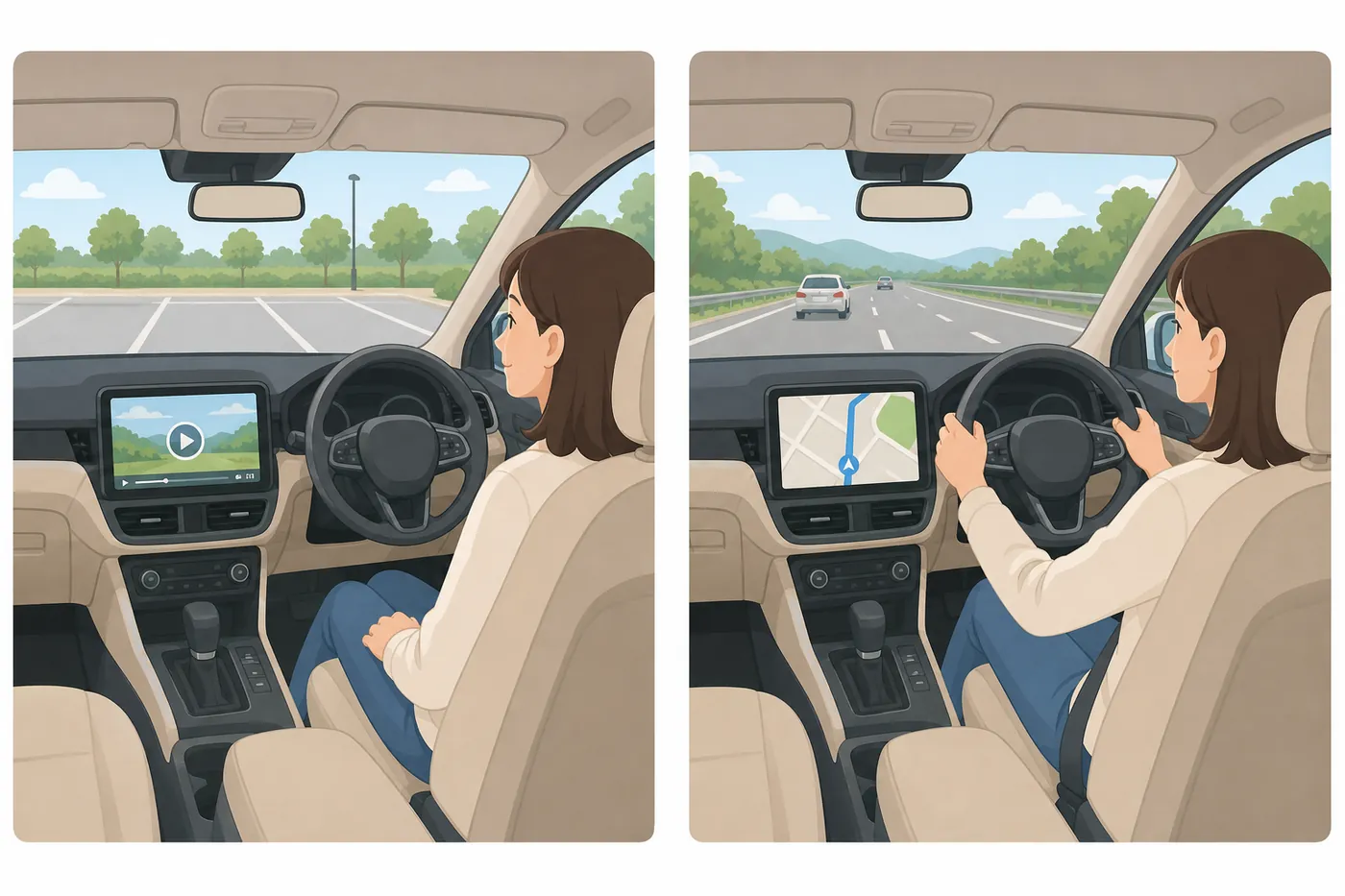 2コマのイラスト。左は駐車場に止めた車でナビに動画が映り、運転者がくつろいでいる。右は走行中で、ナビには地図だけが映り、運転者はハンドルを握って前を見ている