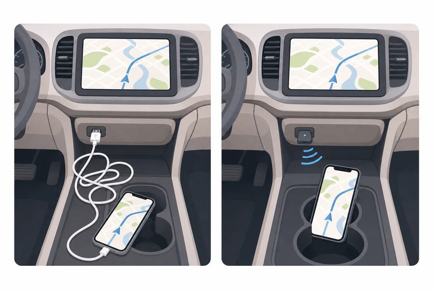 2コマのイラスト。左はスマホが長いケーブルで車の USB につながり、からまっている。右は USB に小さなアダプターが挿さり、ドリンクホルダーのスマホとは無線でつながっている。どちらもナビには同じ地図が映る