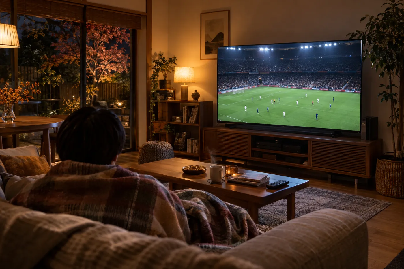 秋の夜のリビングで、毛布にくるまってソファから大きなテレビに映るナイターのサッカーの試合を見ているイメージ(AI生成)