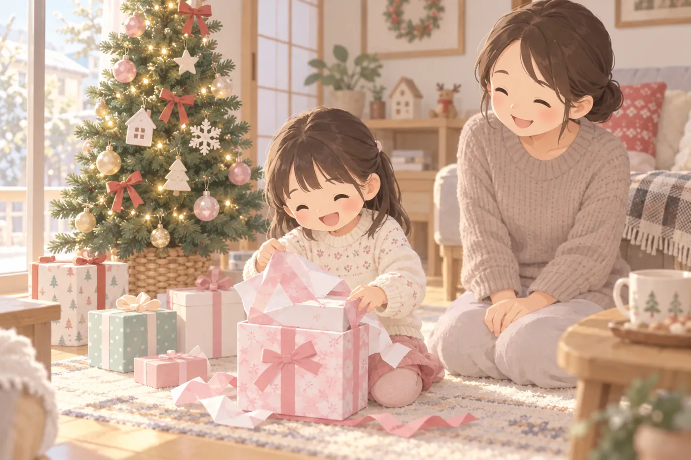 クリスマスの朝のリビングで、子どもがツリーのそばでプレゼントの包みを開け、親がそばで見守っているイメージ(AI生成)