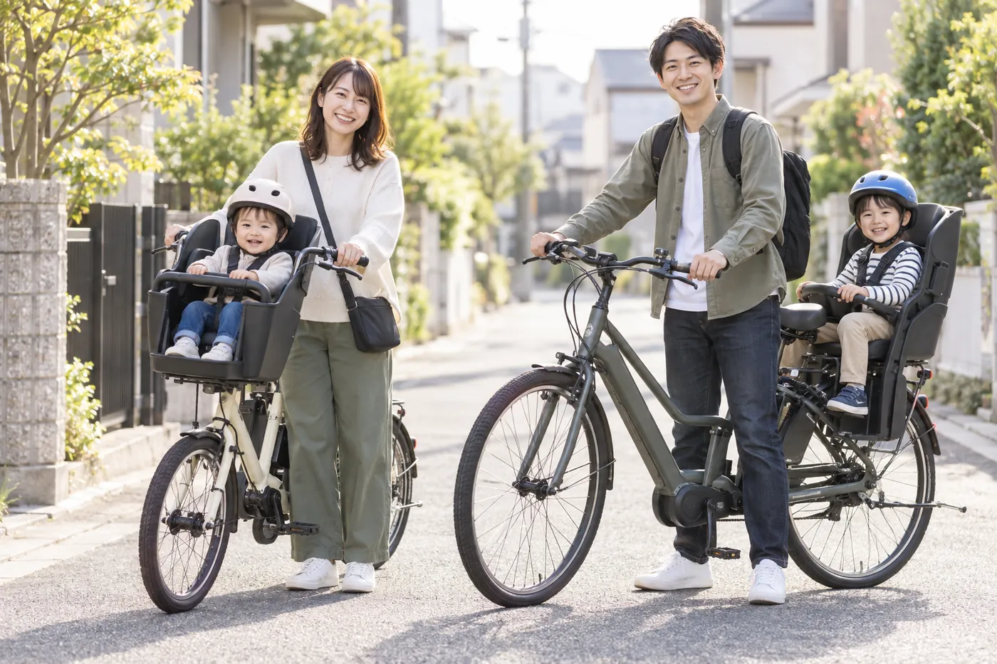 住宅街で、前乗せの電動自転車に子どもを乗せたママと、後ろ乗せの電動自転車に子どもを乗せたパパのイメージ（AI生成）