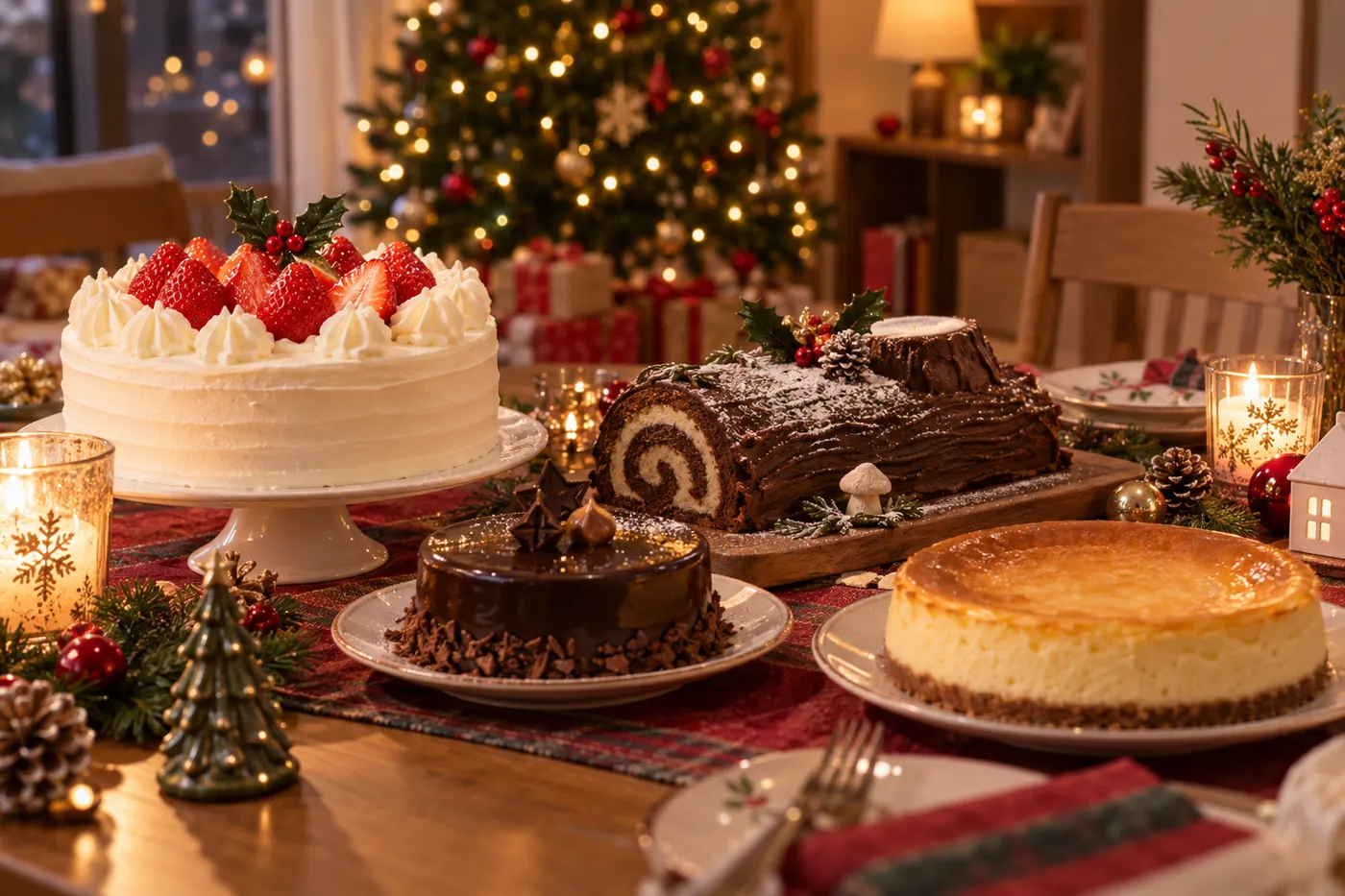 クリスマスツリーのある食卓に、いちごのショートケーキ、ブッシュ・ド・ノエル、チョコレートケーキ、チーズケーキが並ぶイメージ(AI生成)