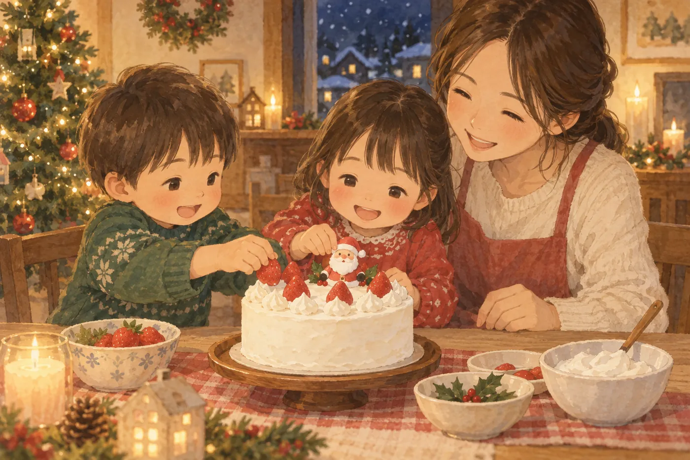 子どもたちがいちごとサンタの飾りを白いホールケーキにのせ、母親が笑顔で見守るクリスマスの食卓のイラスト(AI生成)