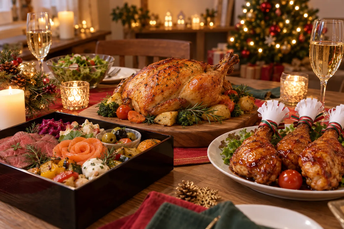 クリスマスの食卓に、丸ごとのローストチキンと骨付きのチキンレッグ、洋風オードブルの重箱が並ぶイメージ(AI生成)