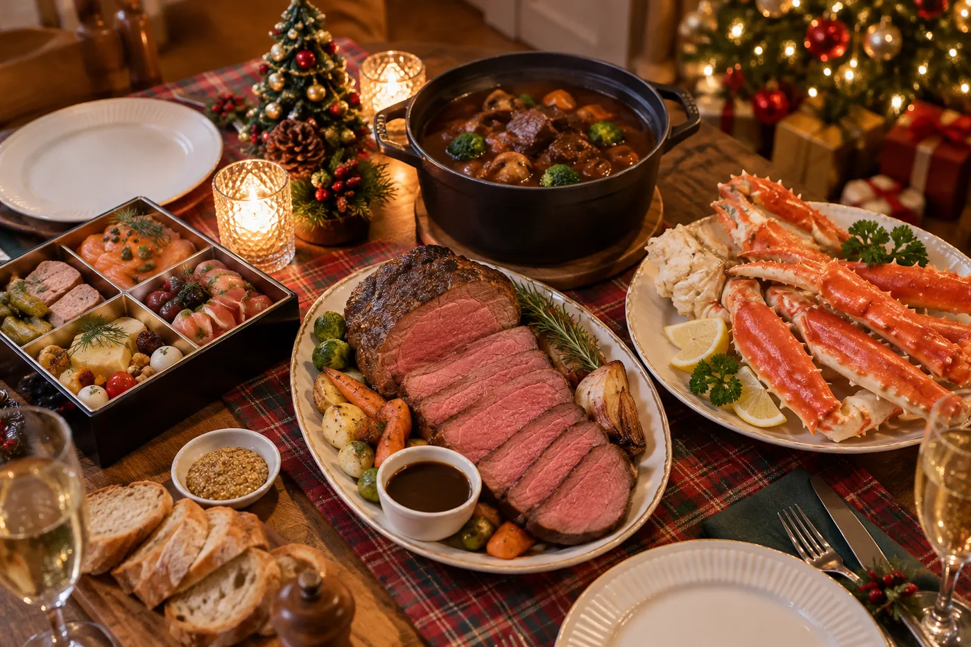 クリスマスの食卓に、切り分けたローストビーフ、タラバガニの脚、洋風オードブルの重箱、ビーフシチューの鍋が並ぶイメージ（AI生成）