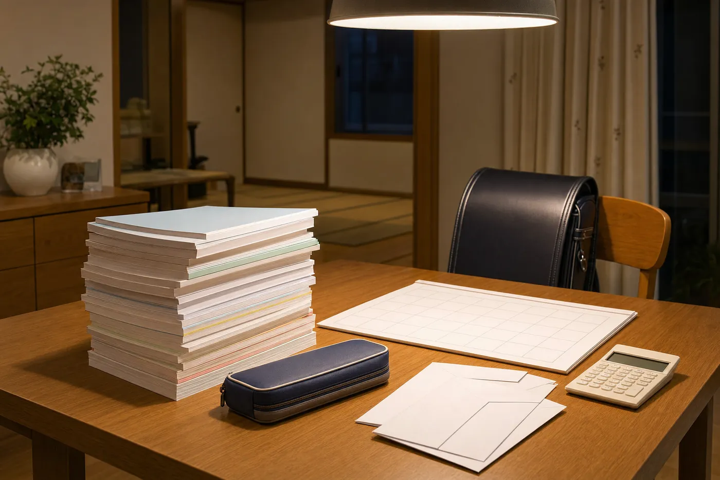 夜の食卓に、表紙に何も書かれていない塾の教材の束、筆箱、白紙のカレンダー、封筒、電卓が置かれ、椅子にランドセルが掛かっている写真風のイメージ（AI生成）